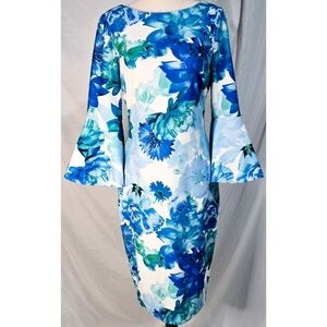 Calvin Klein Sheath Dress White Blue Stretch Bell Sleeve Zipper Floral